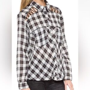 Free People Lace Up Shoulder Black White Plaid Snap Front Shirt- size Small